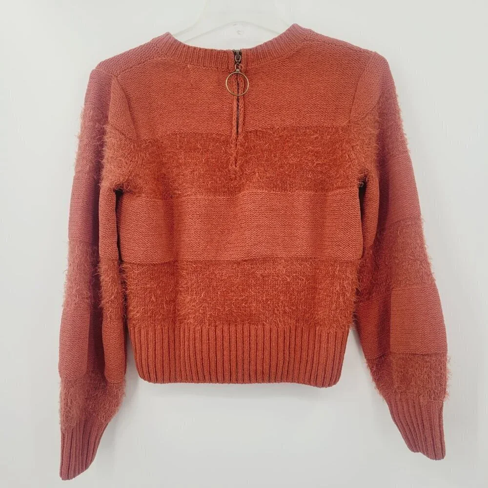 Hippie Rose Chenille Cropped Eyelash Striped Back Zip Crewneck Sweater